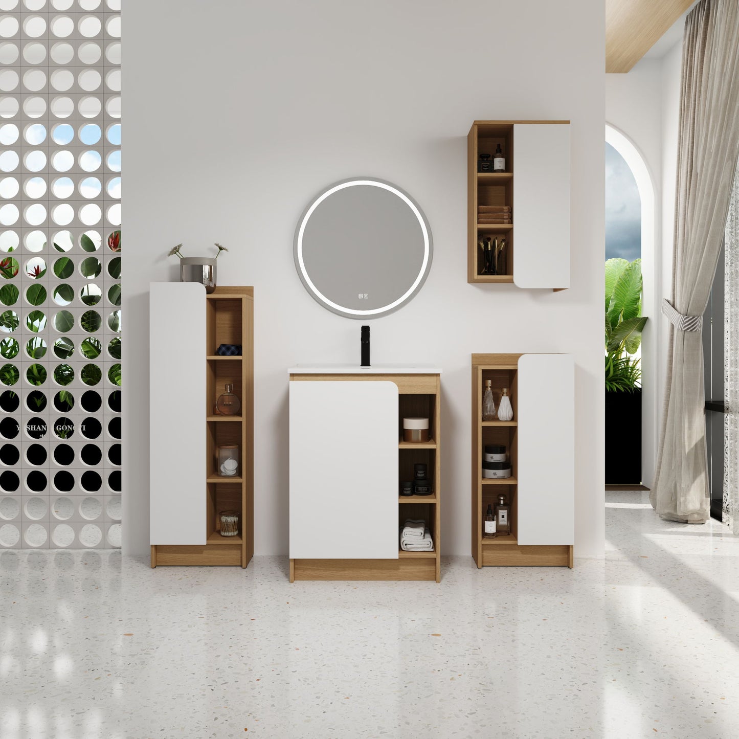4 Piece Bathroom Vanity Set With Sink, Vanity Combo With Storage Cabinets - Black / Light Oak / White