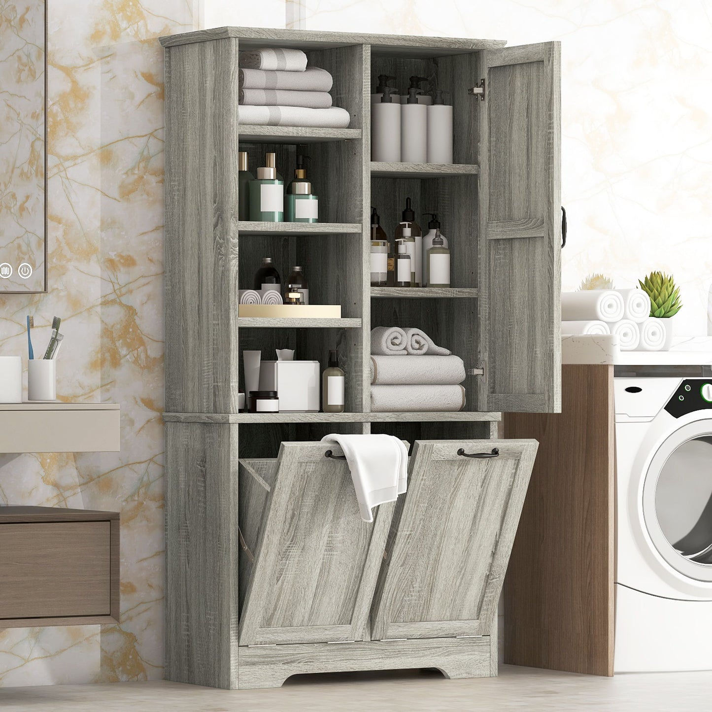 Freestanding Storage Cabinet With Doors, Tilt Out Drawers, Adjustable Shelves, Open Shelf, Bathroom & Laundry Room Organizer - Oak