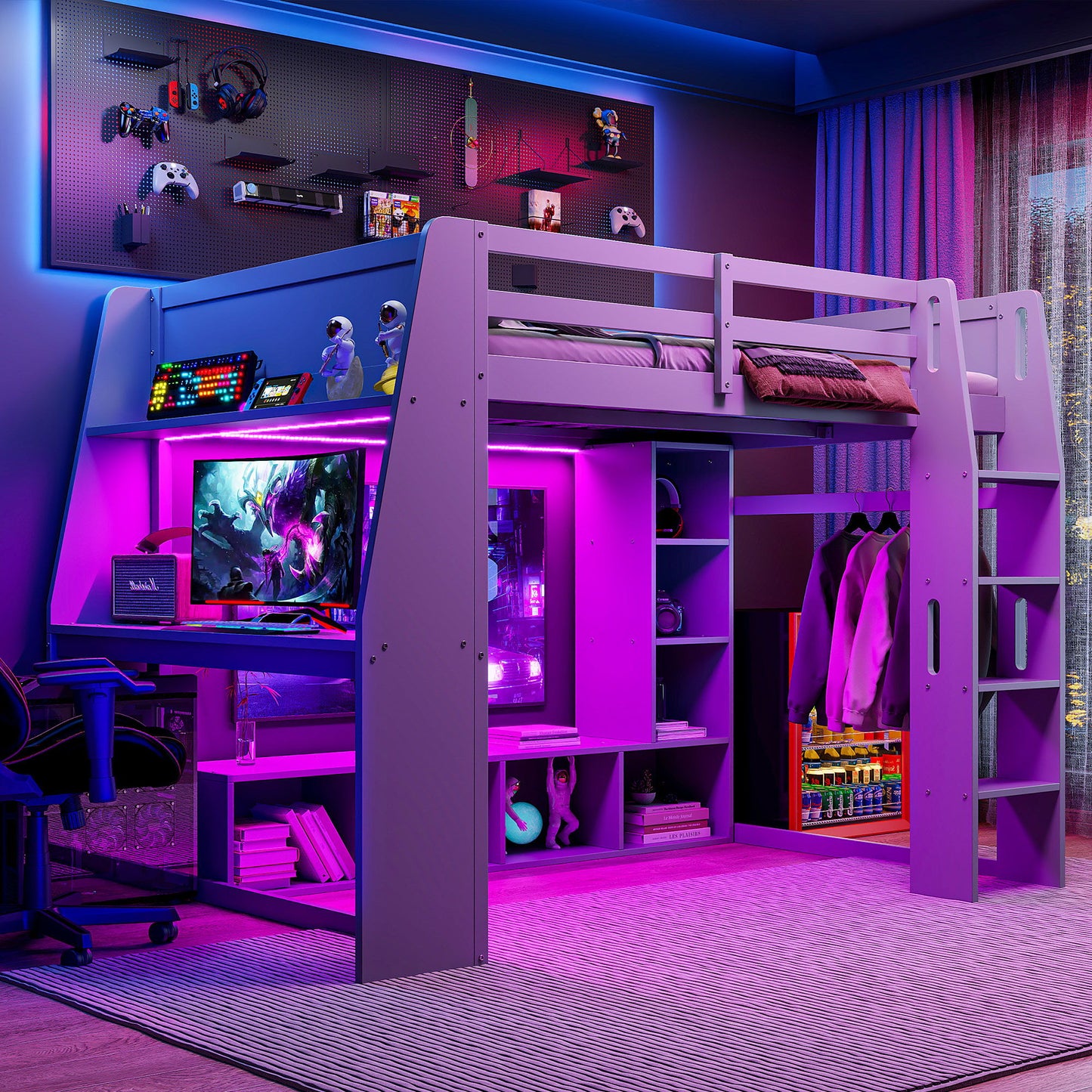 Gaming Loft Bed With Desk, Multi Storage Shelves, LED Lighting, And Hanging Clothes Rack