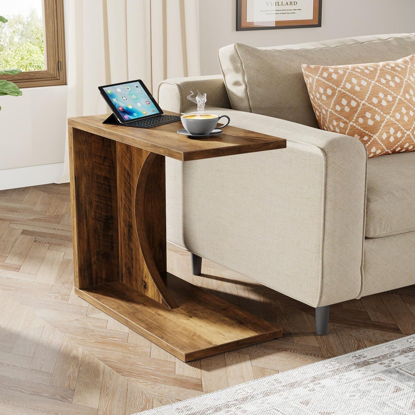 C - Shaped End Table For Couch - Rustic Brown