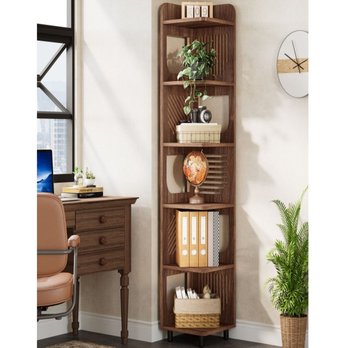 6 Tier Narrow Corner Bookshelf Storage For Living Room - Brown