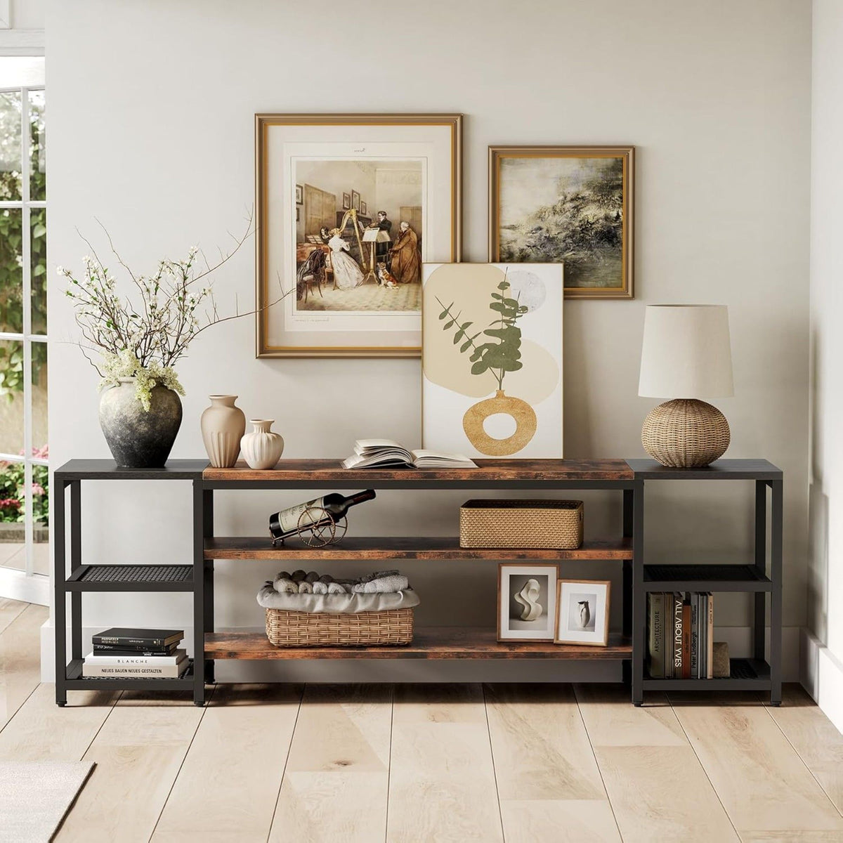 TV Stand For TVs, Extra Long With 3 Tier Ventilated Shelves - Rustic Brown