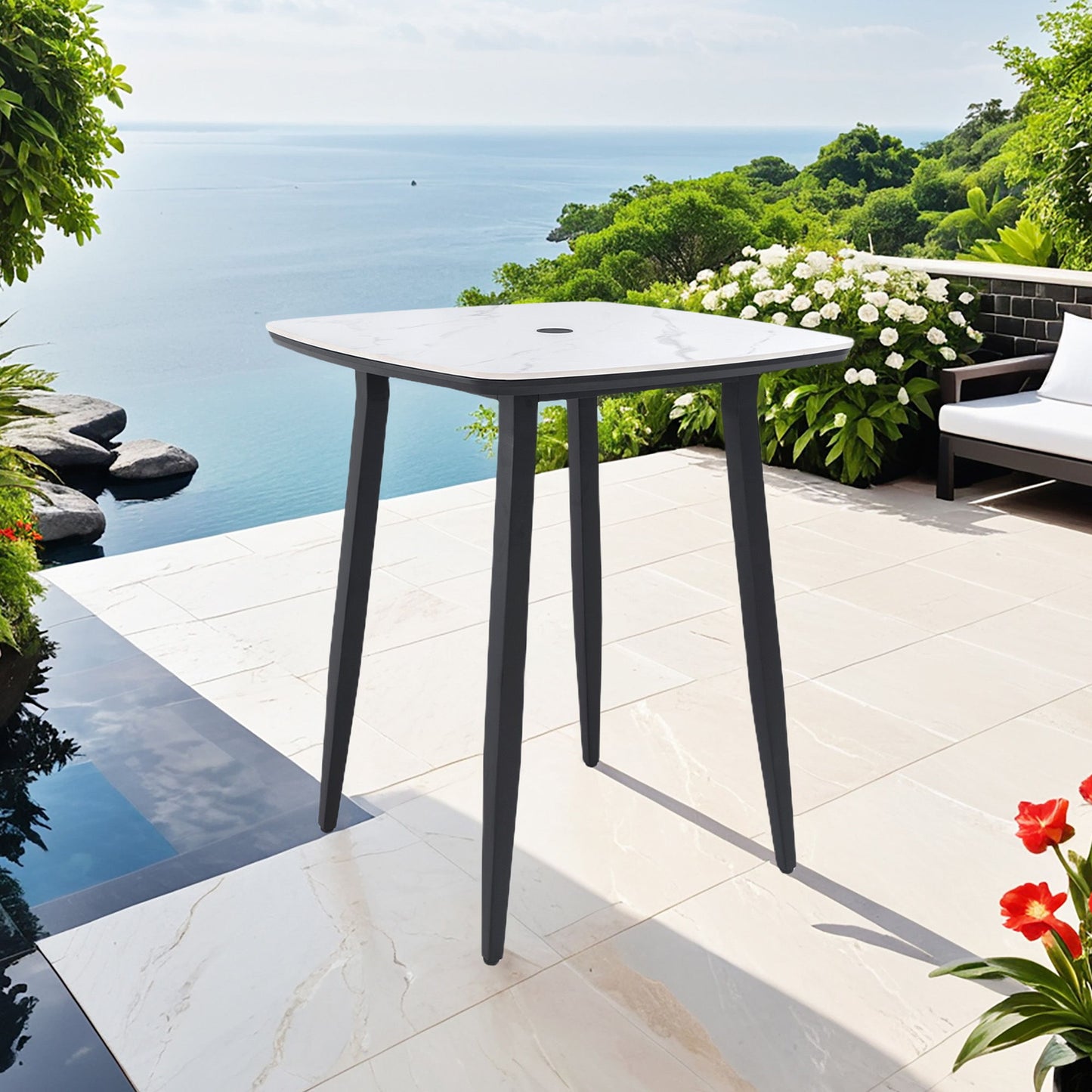 Outdoor Bar Table, Rounded Square Sintered Stone Top With Umbrella Hole, Rust Free Frame, Weatherproof - Ember Black / White