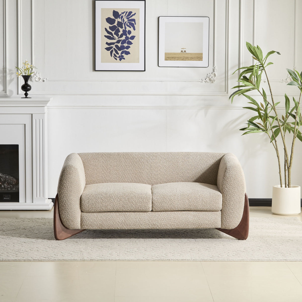 Modern Boucle Upholstered 2 Seater Sofa With Natural Wood Legs - Almond