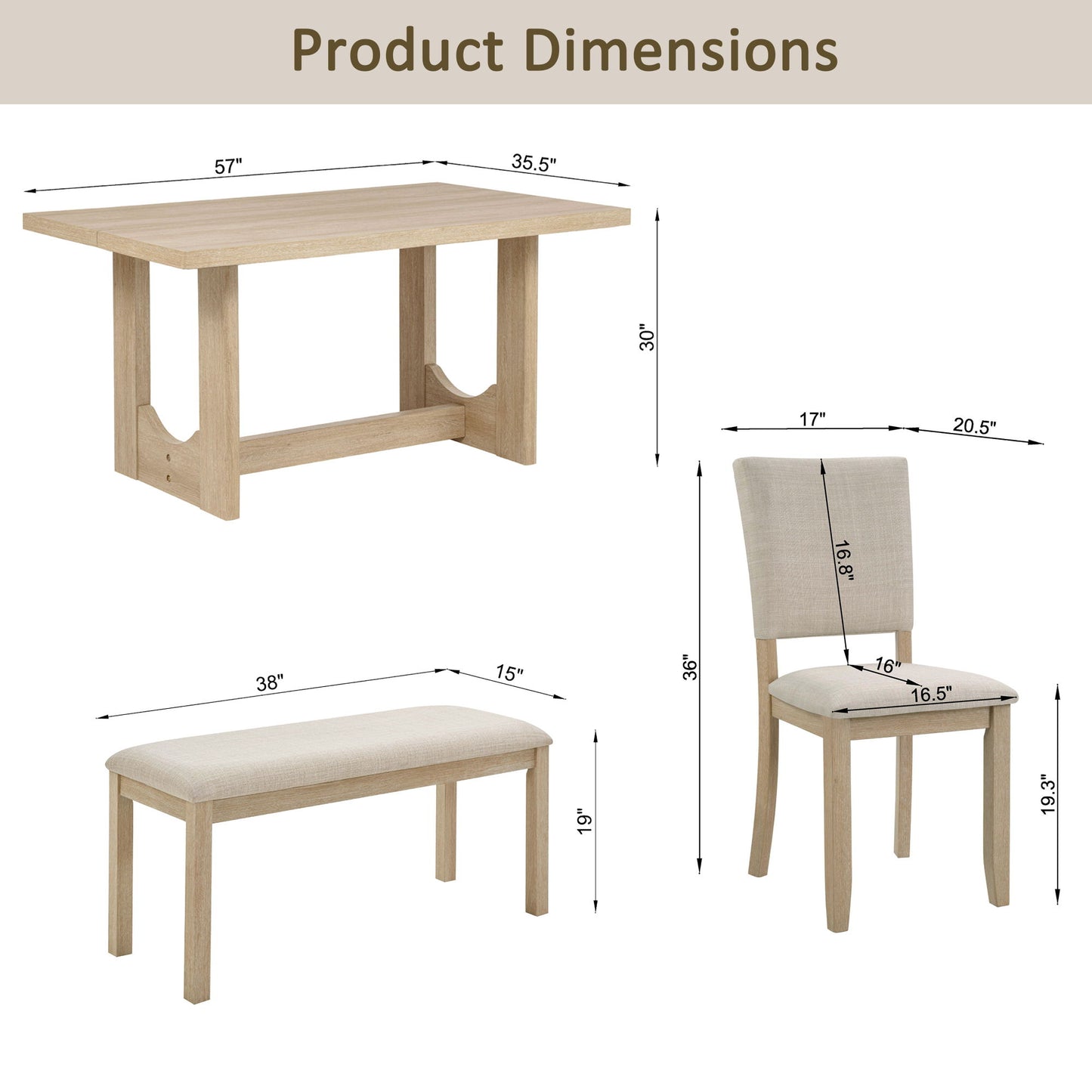 6 Piece Rectangular Kitchen Table Set With Bench And 4 Upholstered Chairs For Kitchen - Light Oak