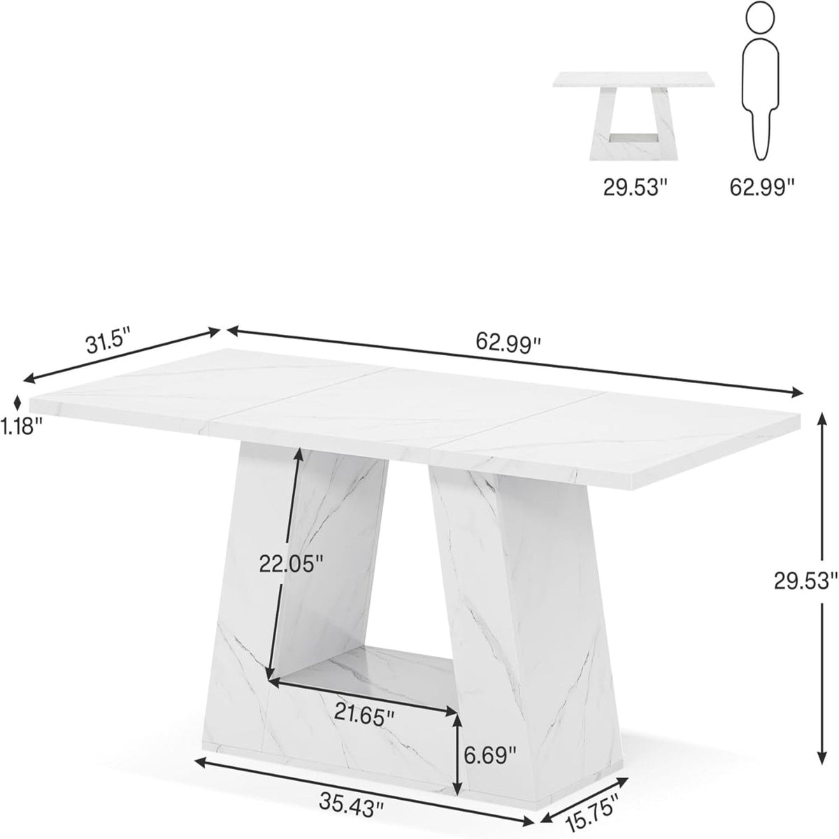 Dining Table For 4 To 6 People, With Trapezoid Base For Dining Room - White