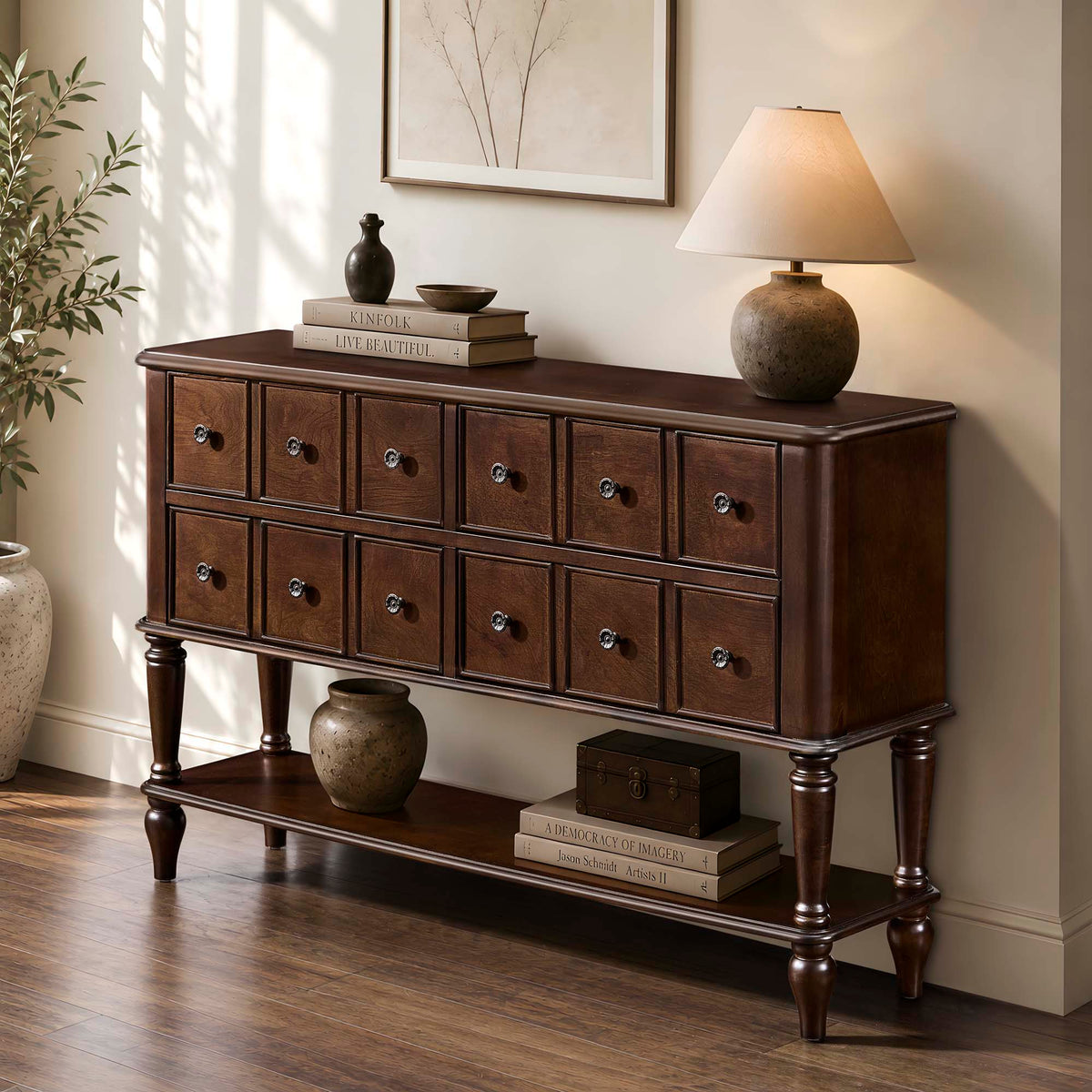 Console Table, Entryway Sofa Table With 4 Storage Drawers And Open Shelf - Espresso