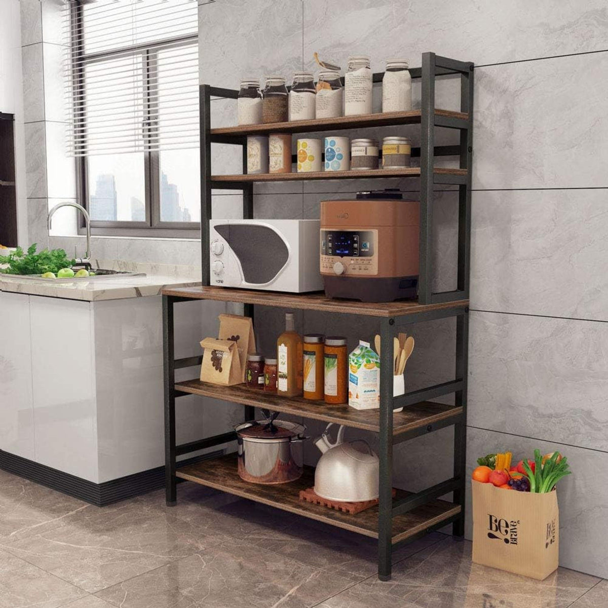 5 Tier Kitchen Bakers Rack With Hutch Microwave Stand, Freestanding Storage Organizer For Countertop - Black