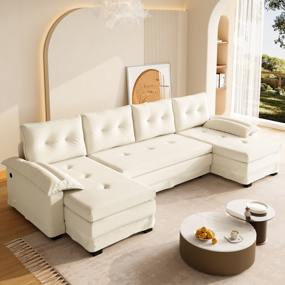 U-Shaped Sleeper Sofa With Pull Out Bed, Removable Armrests & USB Ports For Living Room