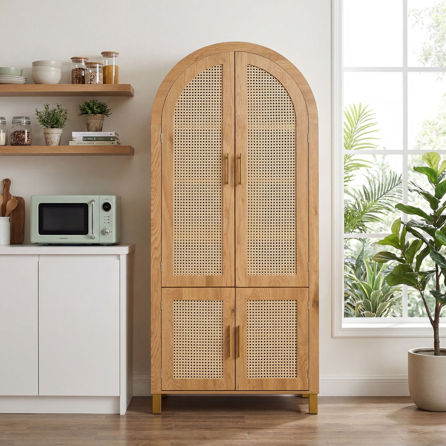 Tall Arched Cabinet With Rattan Doors & Adjustable Shelves
