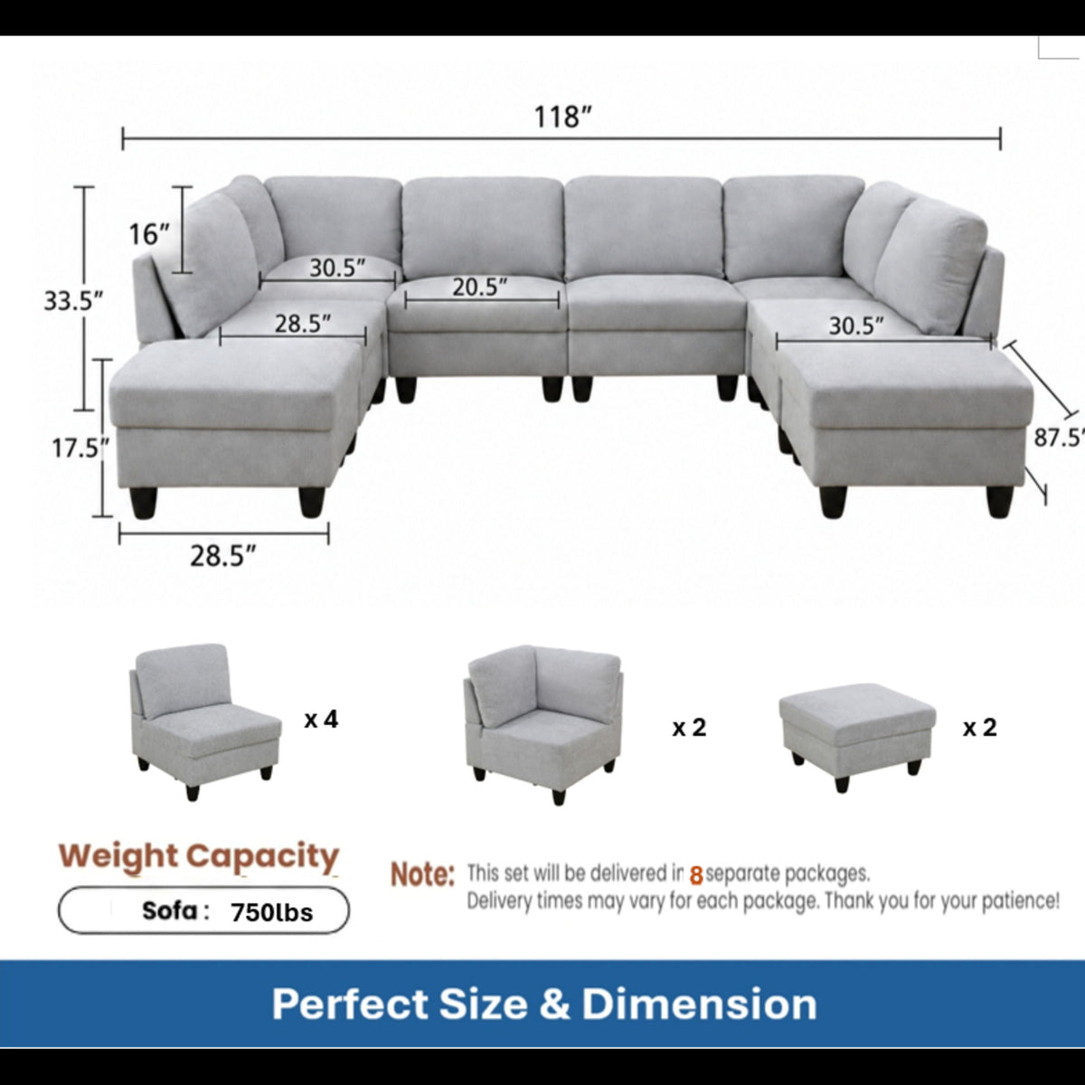 8 Piece Modular U - Shape Sectional Sofa