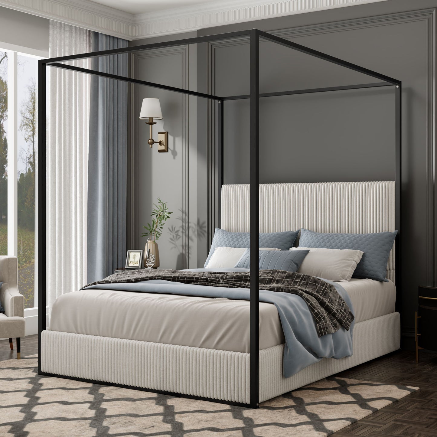 Canopy Bed With Tall Upholstered Headboard And 4 Poster