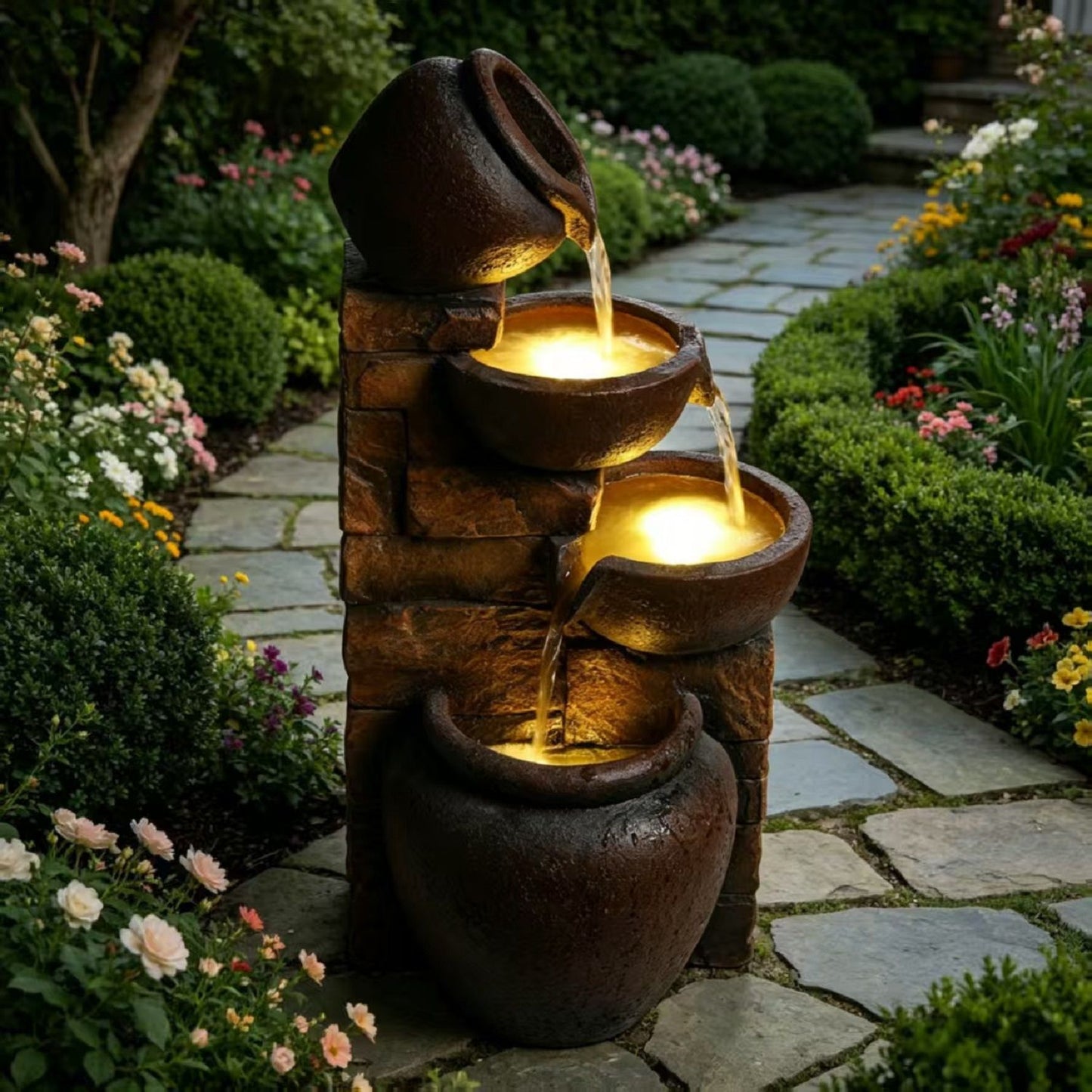 Tiered Outdoor Garden Water Fountain With Warm LED Lights - Brown