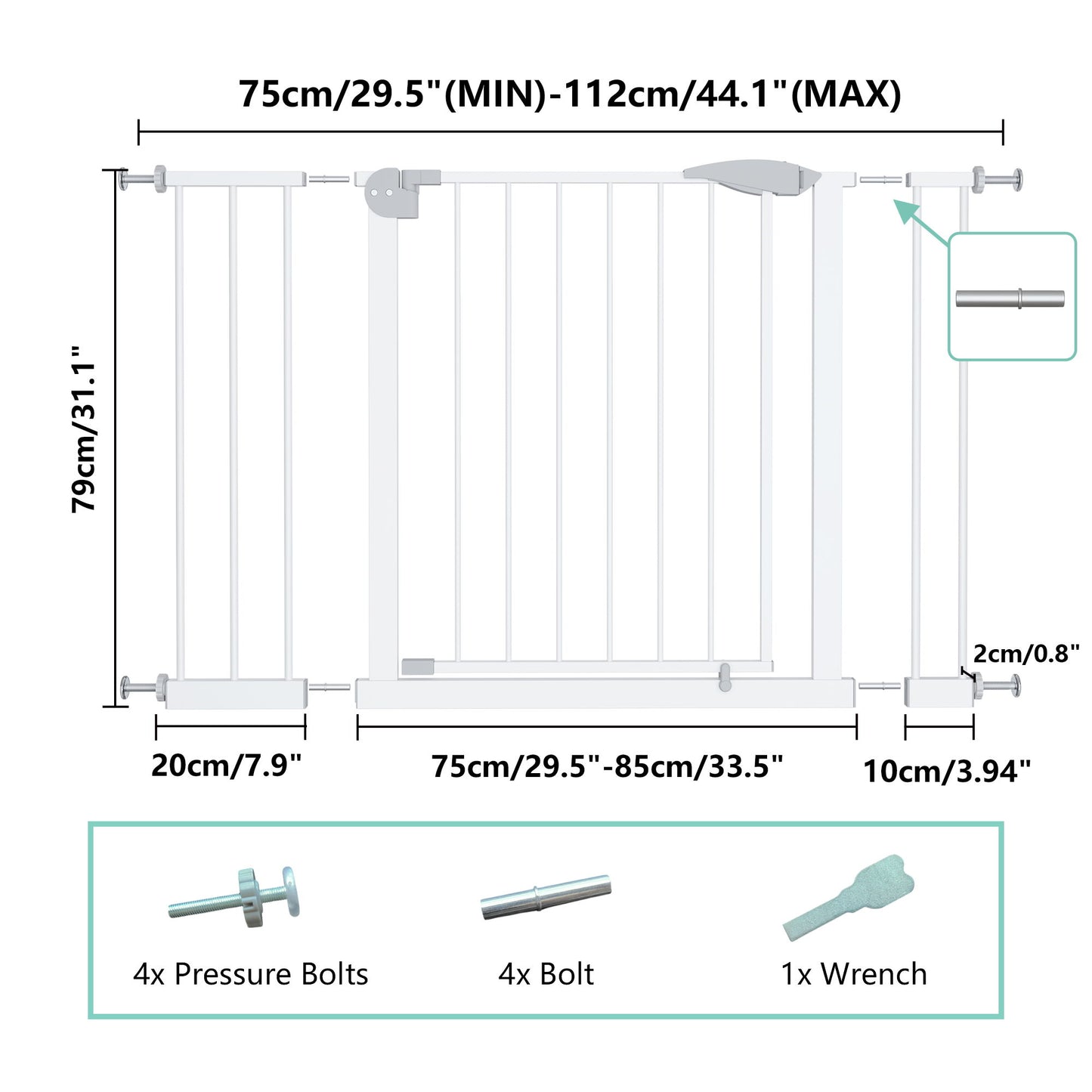 Pressure Mounted Baby Gate For Stairs - White