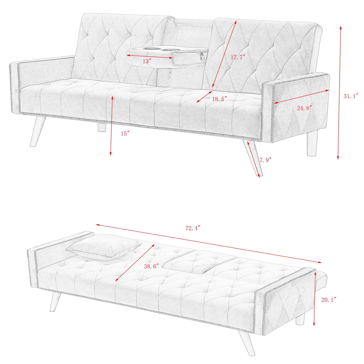 Sofa Bed With Nail Head Trim And Cup Holders - Pink