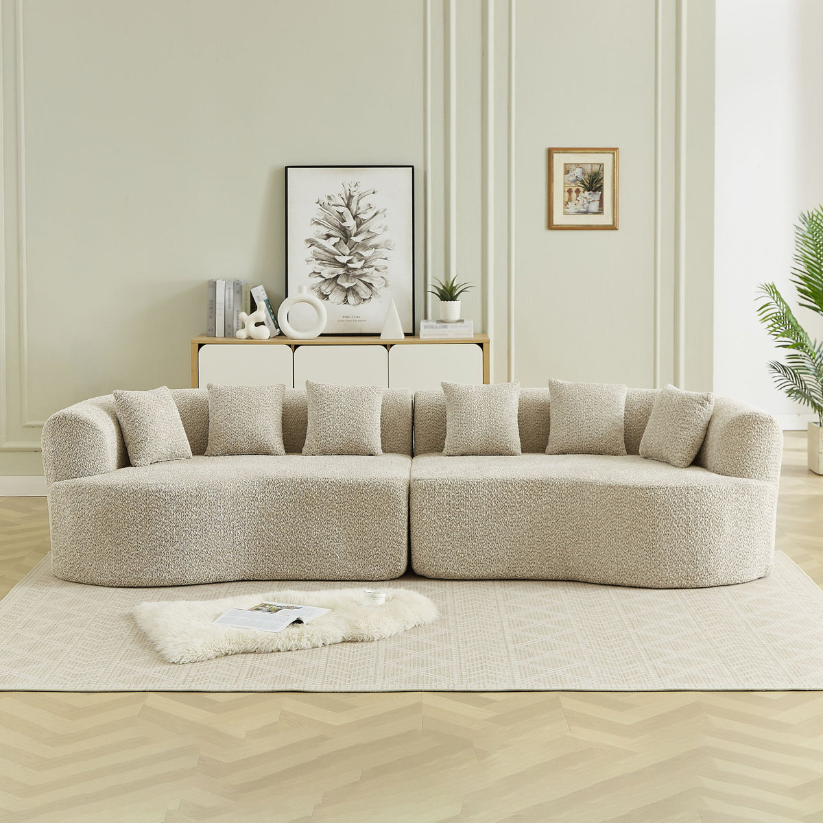Curved Sectional Oversized Bone Free Cloud Sofa With 6 Pillows, 4 Seater With Deep Seat - Light Khaki