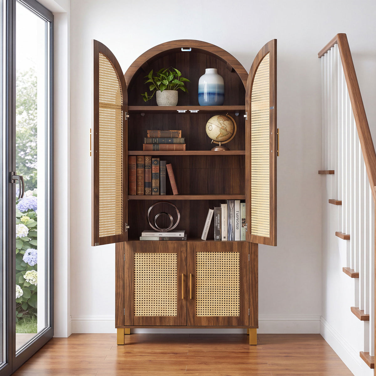Tall Arched Cabinet With Rattan Doors & Adjustable Shelves