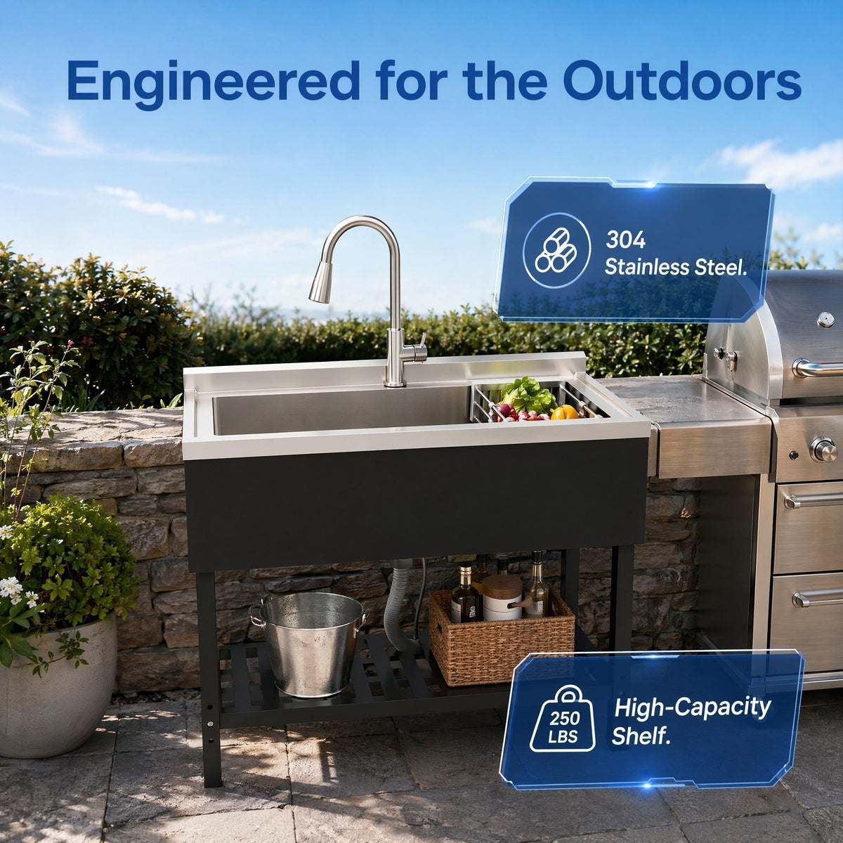 Freestanding Utility Sink With Pull Out Faucet And Large Storage Grille - Black / Silver