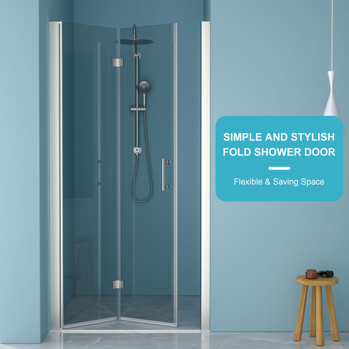 Fold Frameless Shower Door With Tempered Glass - Brushed Silver