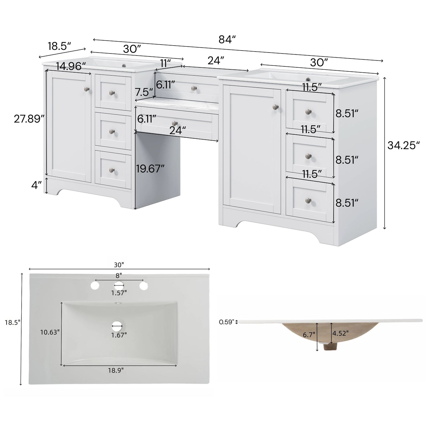 Double Sink Bathroom Vanity With Countertop, 2 Ceramic Sinks, 6 Drawers, Soft Close Design