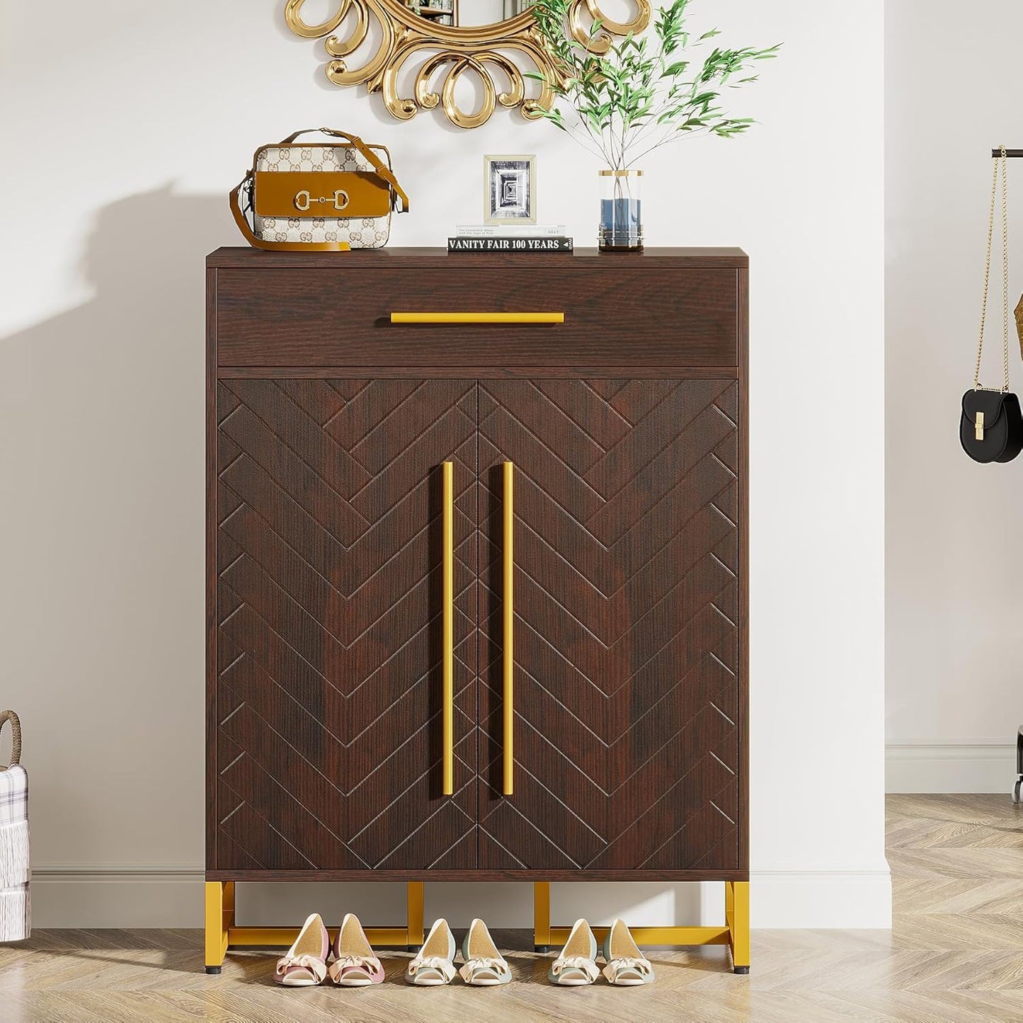 Shoe Cabinet With Doors, 6 Tier Storage Organizer - Dark Walnut
