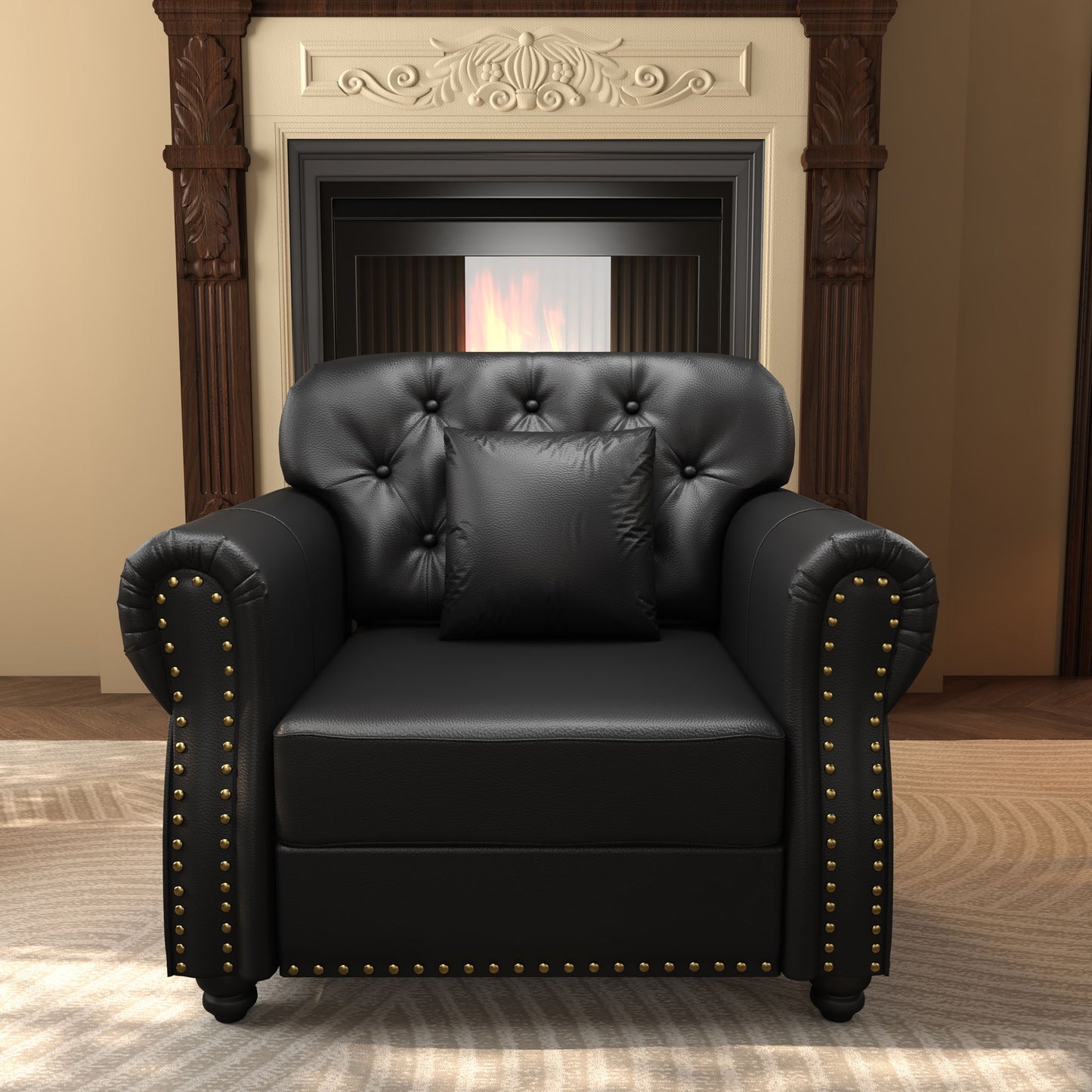 Sofa With Nailhead Trim And Rolled Armrests, Includes 1 Pillow - Black