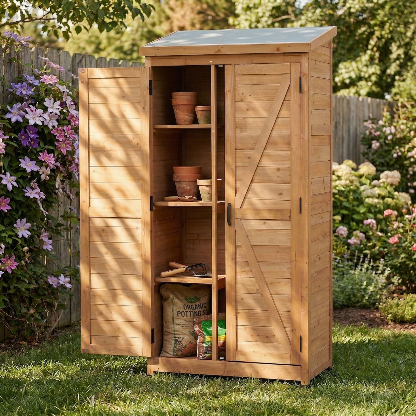 Outdoor Storage Shed With Vertical Tool Cabinet For Backyard