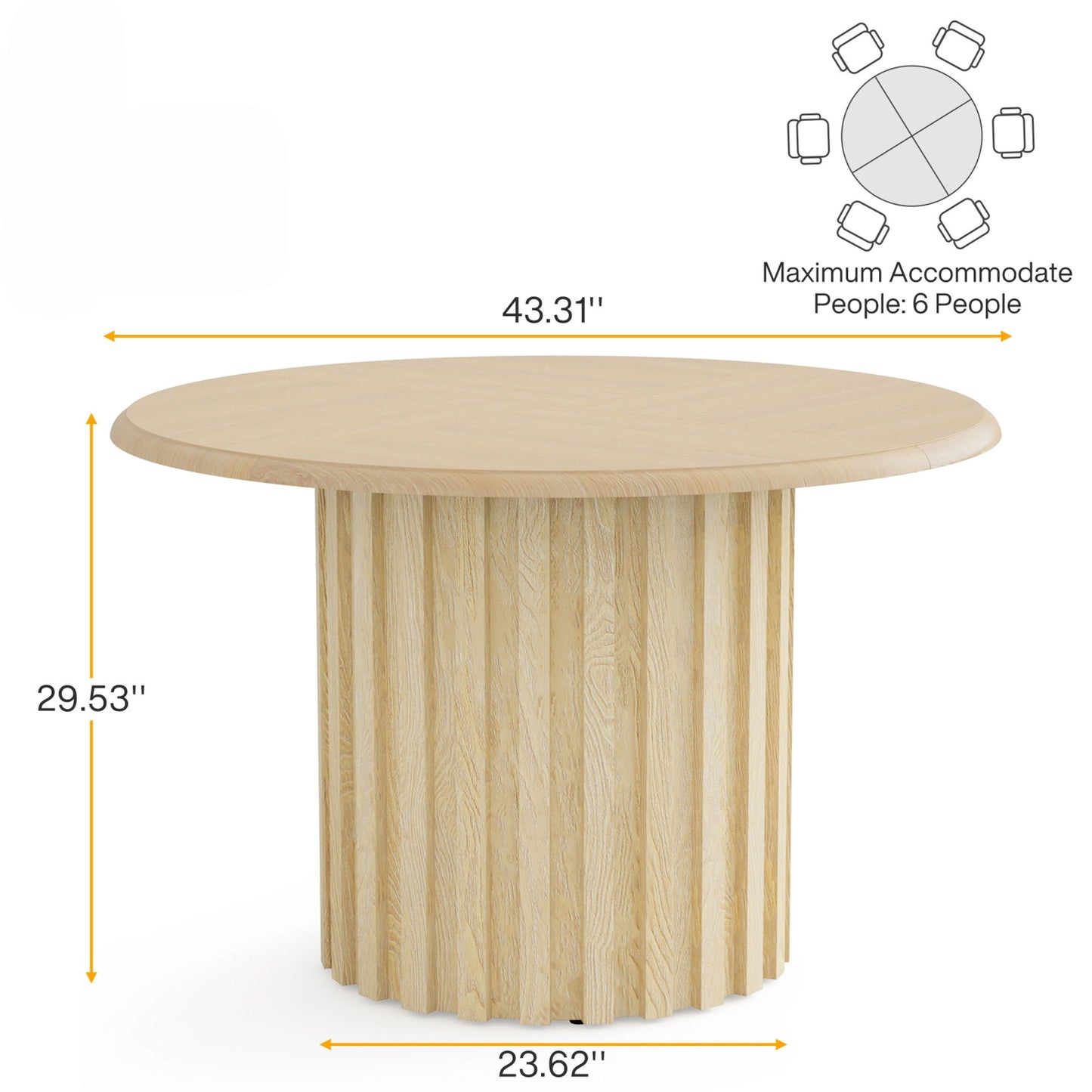 Round Dining Table With Fluted Pedestal Base, Circle Kitchen & Dinner Table - Natural Wood