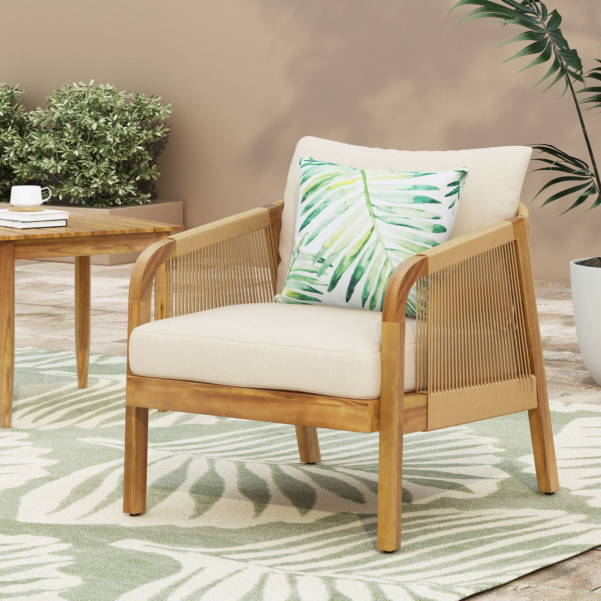 Acacia Wood And Wicker Outdoor Club Chair, Deep Seating With Soft Cushion, Porch Chairs For Garden, Backyard Porch Balcony - Brown / Beige