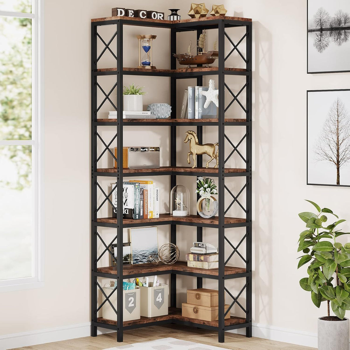 7 Tier Corner Bookshelf, Storage Unit For Living Room