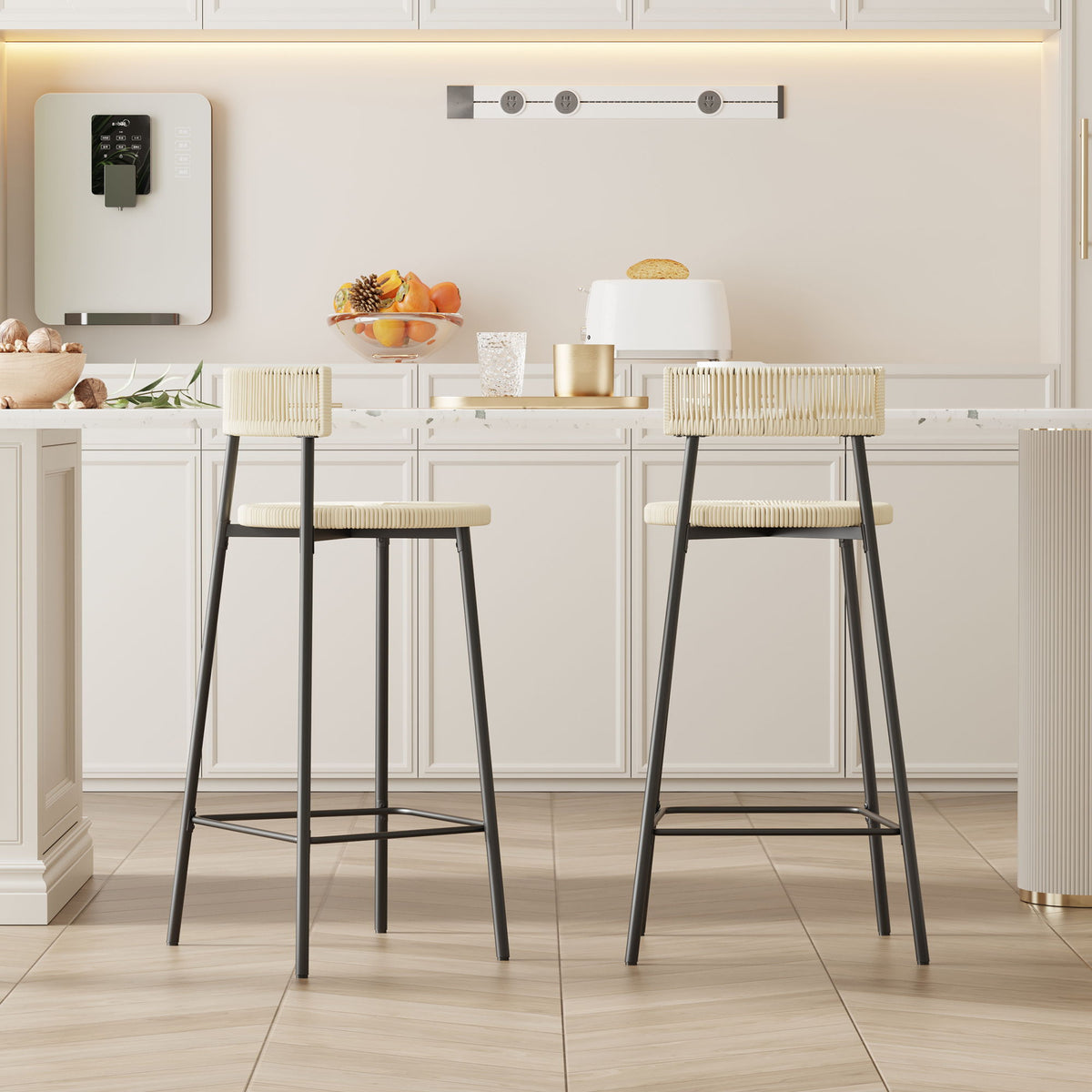 Boho Style Handwoven Paper Rope Counter Stools (Set of 2) - Creamy White