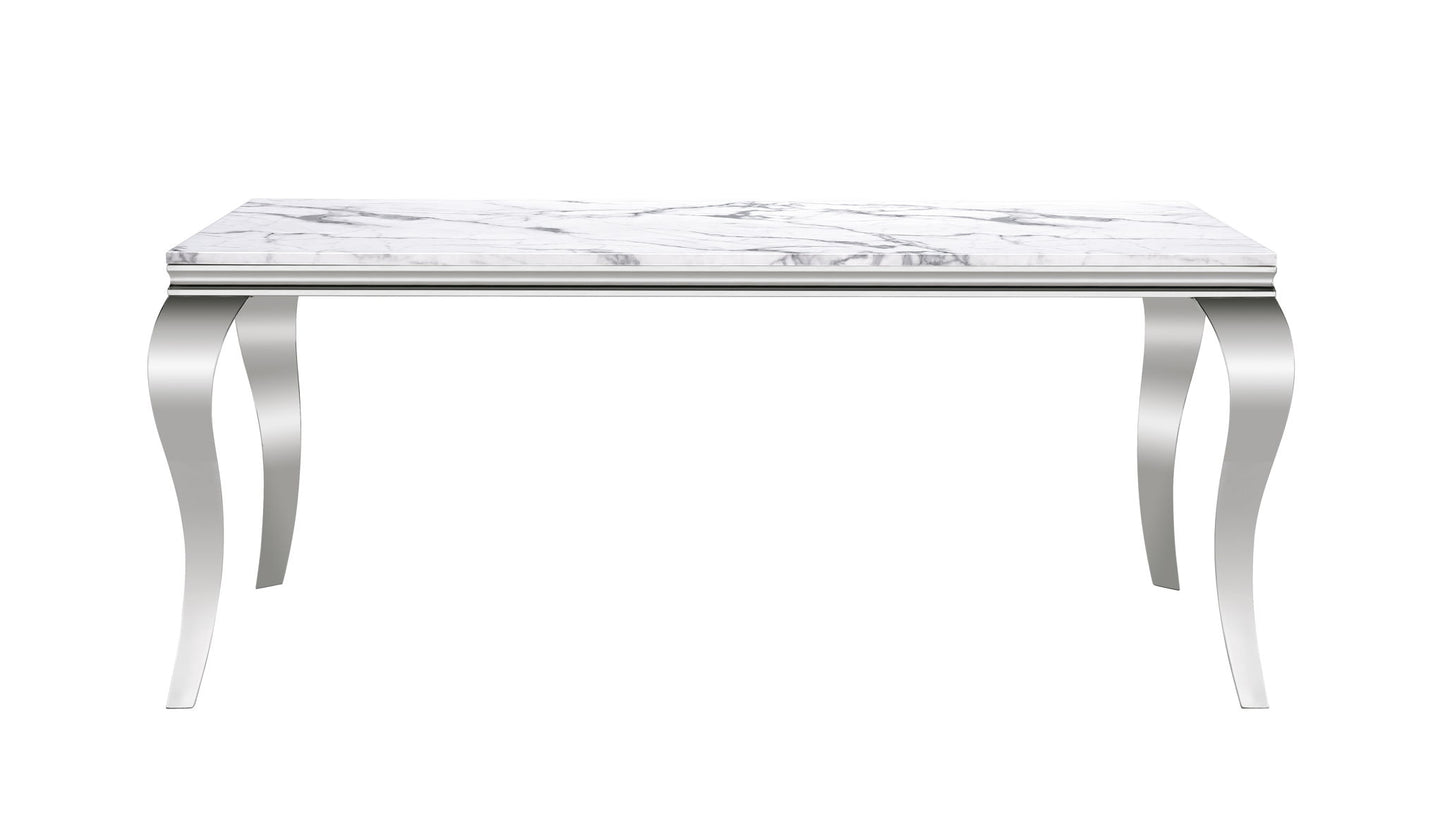 Marble Printed Rectangular Dining Table, Frame And Stainless Steel Legs - Silver / White
