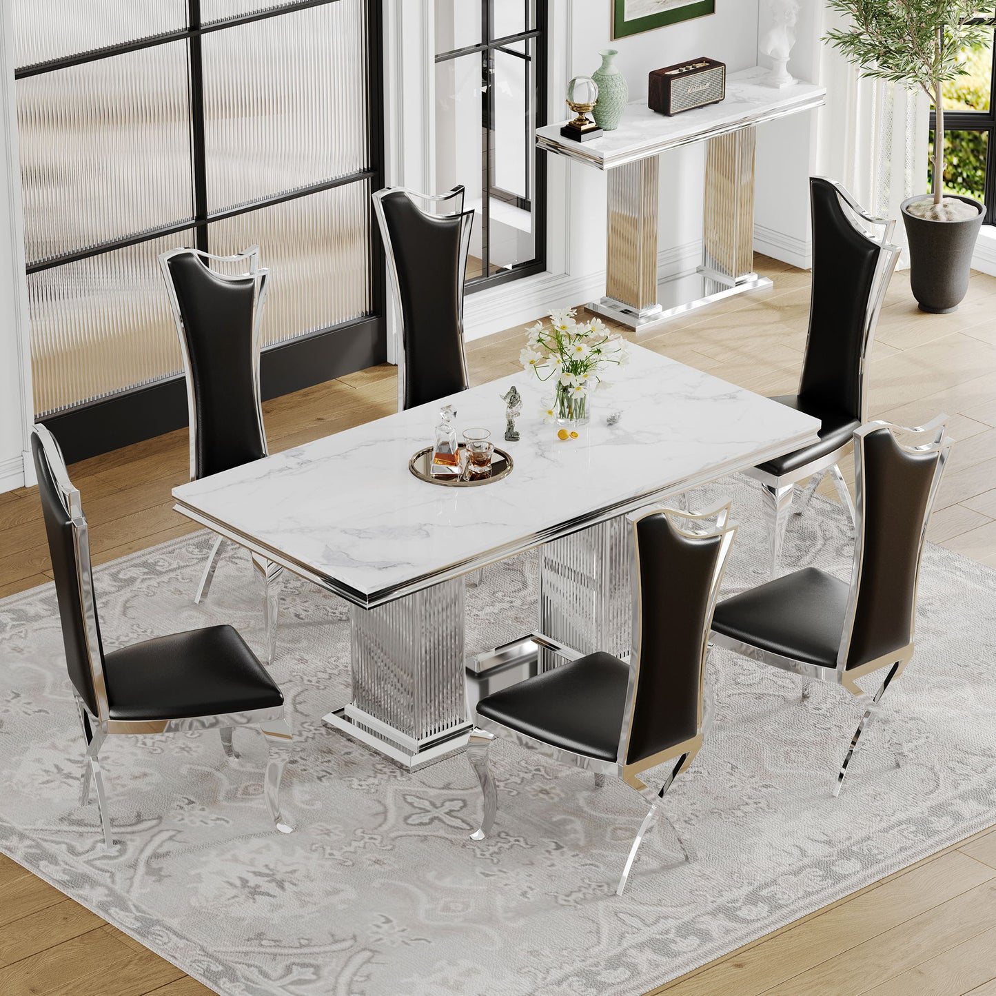 Marble Printed Top Rectangular Dining Table, Stainless Steel Base With Mirrored Finish