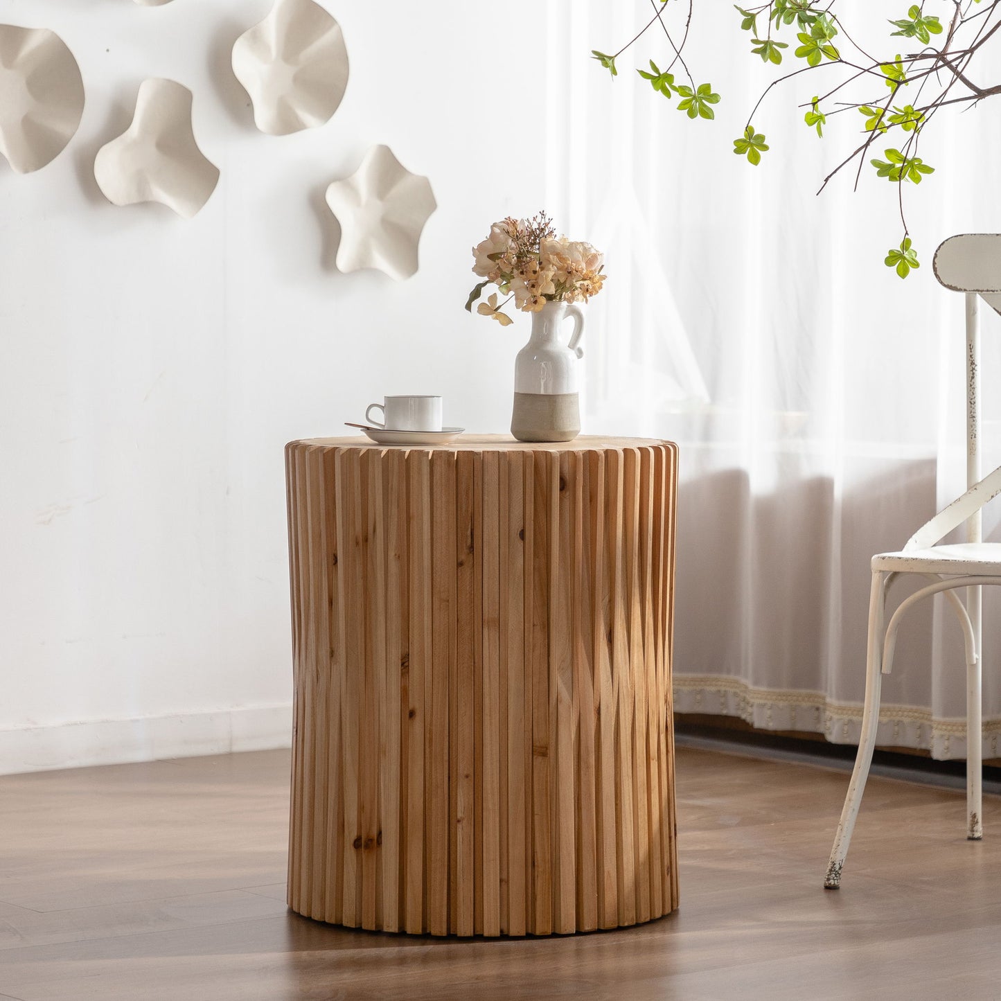 Cylindrical Side Table With Vertical Texture Relief Design - Natural