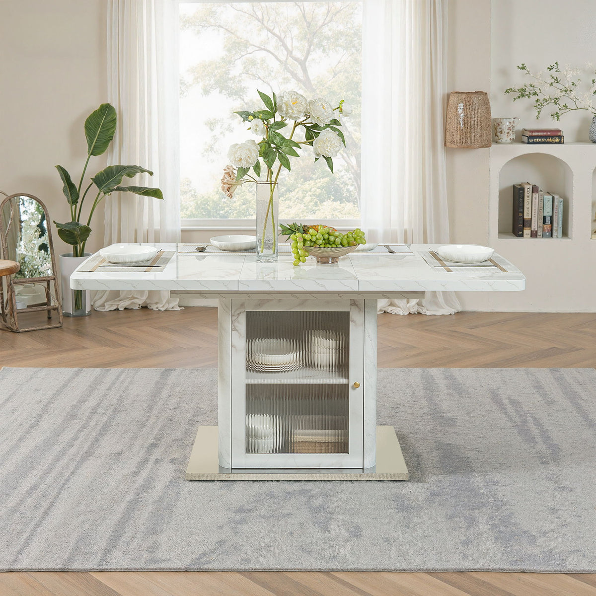 Modern Rectangle Dining Table With Stretchable Top, Storage Cabinet