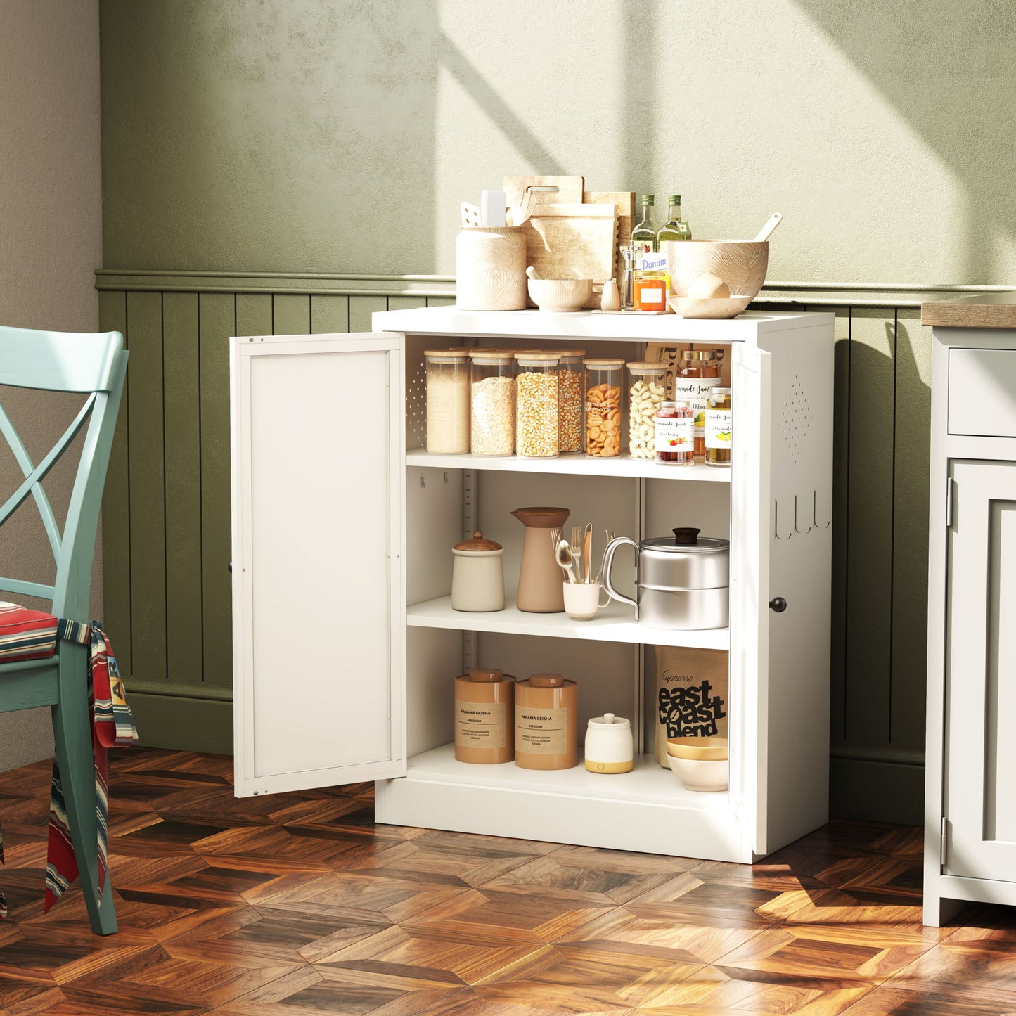 Pantry Cabinet With Adjustable Shelves Freestanding Kitchen Storage Organizer - White