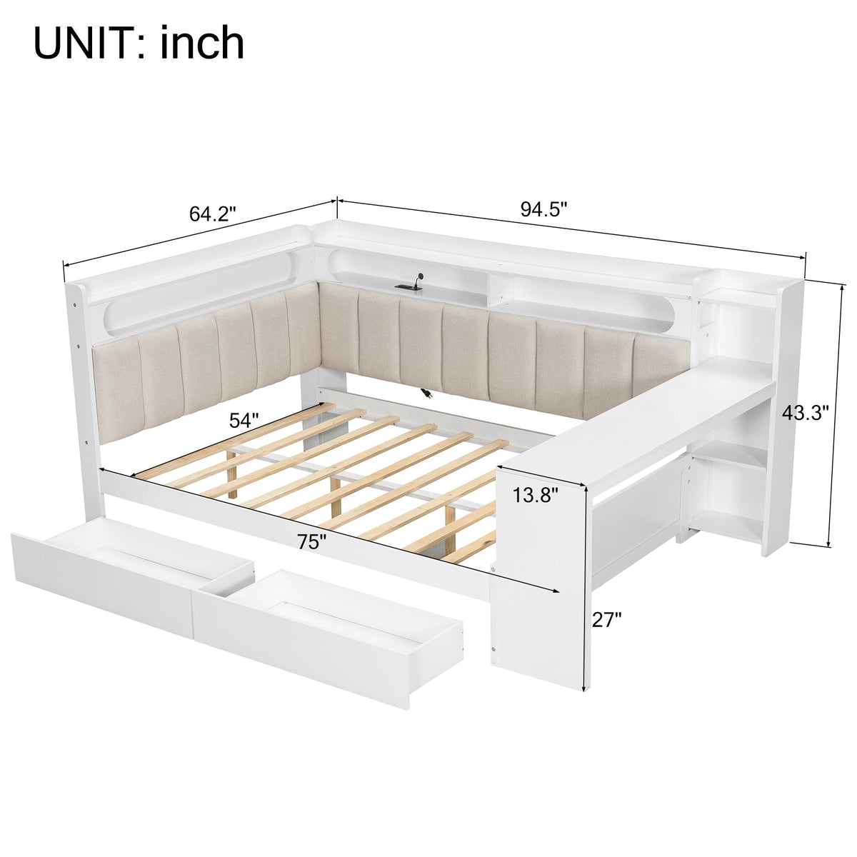 Daybed With Upholstered Headboard, Storage Shelves, Drawers, Charging Station, LED Light, And Adjustable Desk