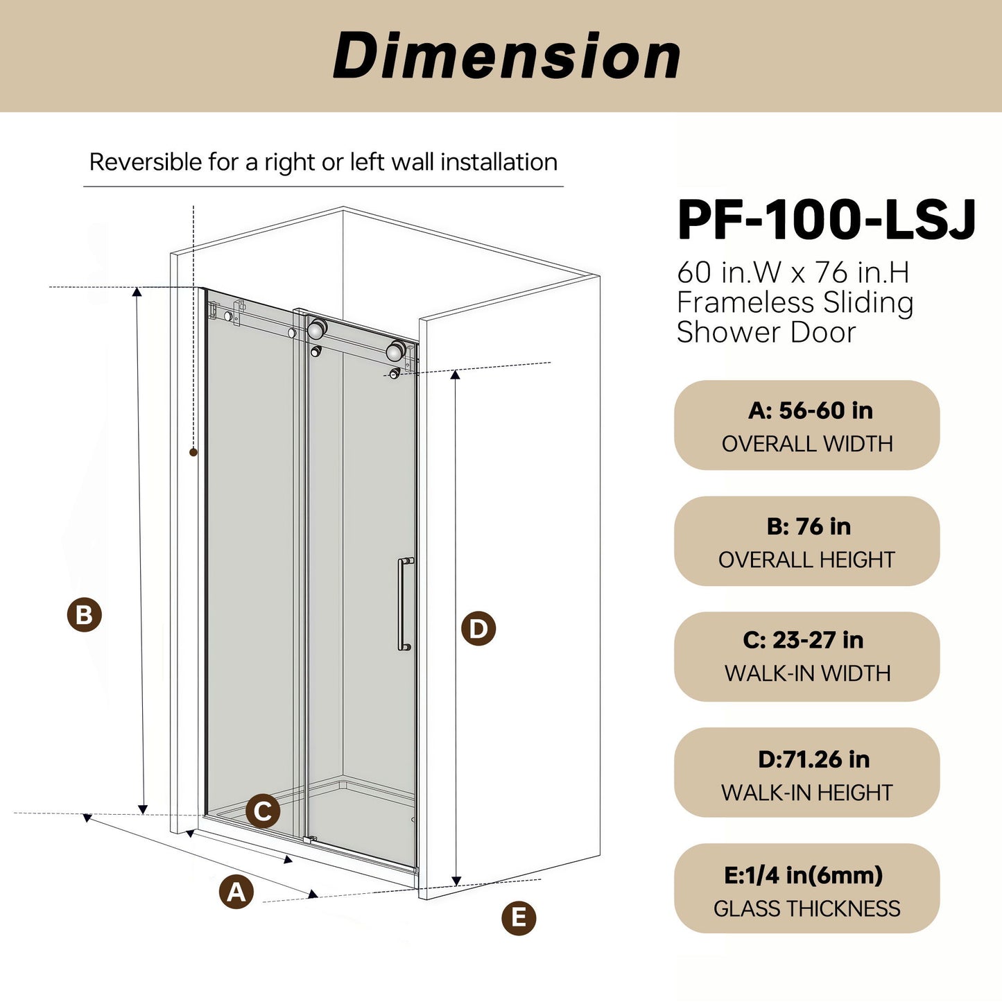 Frameless Single Sliding Shower Door With Handle And Square Tube Track