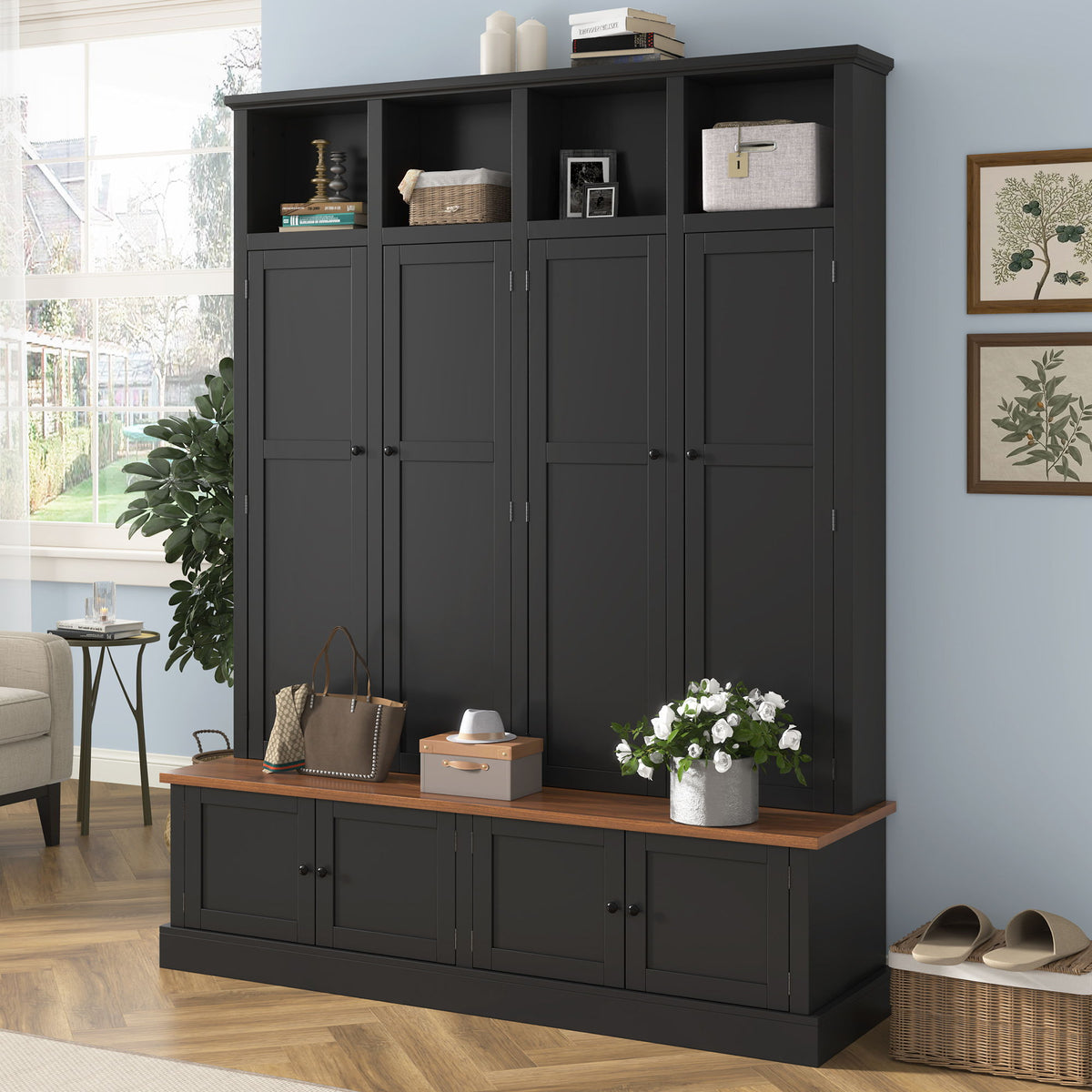 Hall Tree With Bench And Cabinet, 4 In 1 Entryway Bench With Coat Rack
