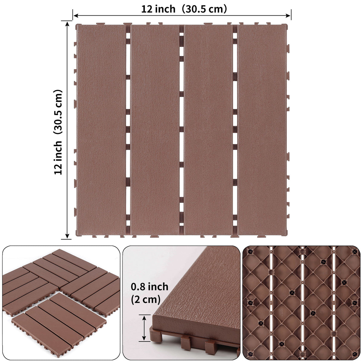 Interlocking Decking Waterproof Outdoor Indoor Flooring Tiles (Set of 44) - Brown