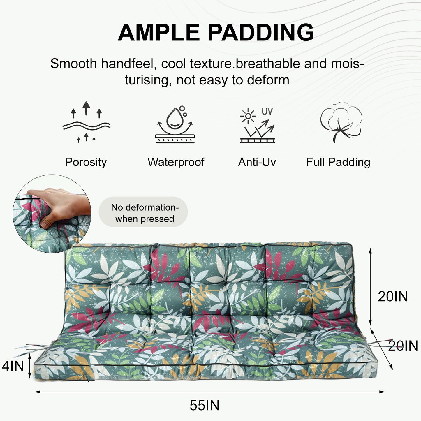 3 Seater Outdoor Porch Swing Cushion With Backrest, Patio Bench Cushion - flower