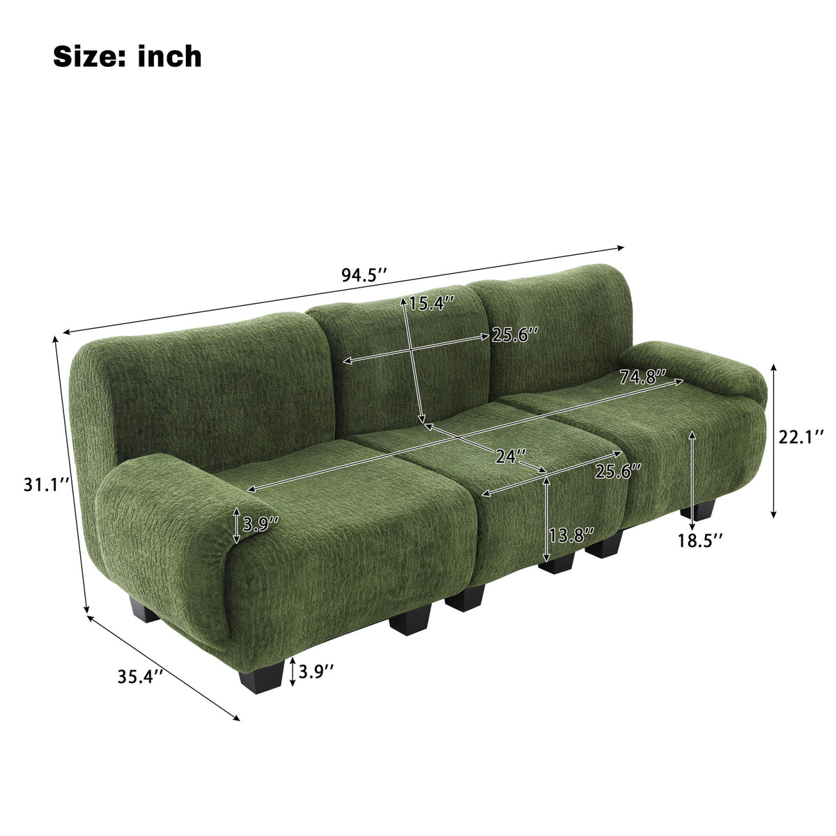 3 Seater Sofa With Curved Armrests For Living Room - Green