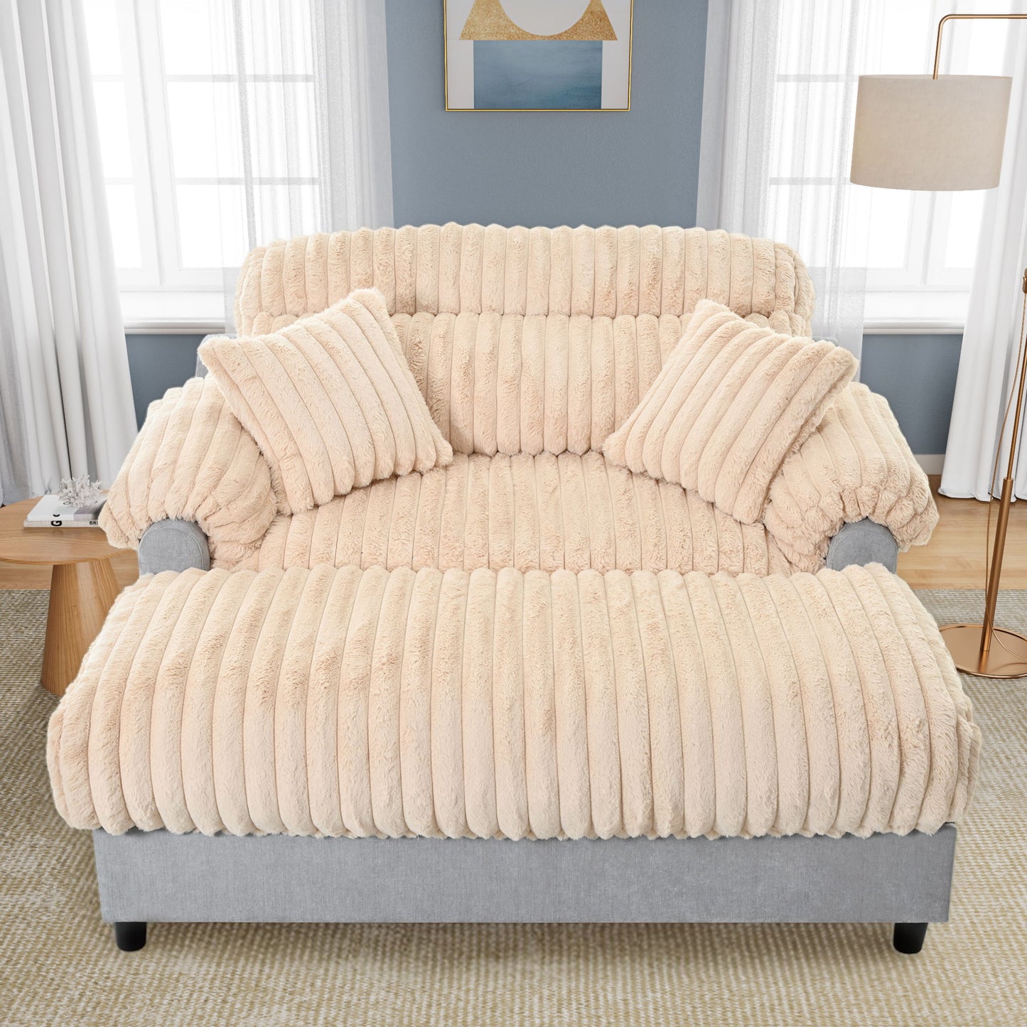 Chaise Lounge Cloud Sofa With 2 Throw Pillows - Champagne