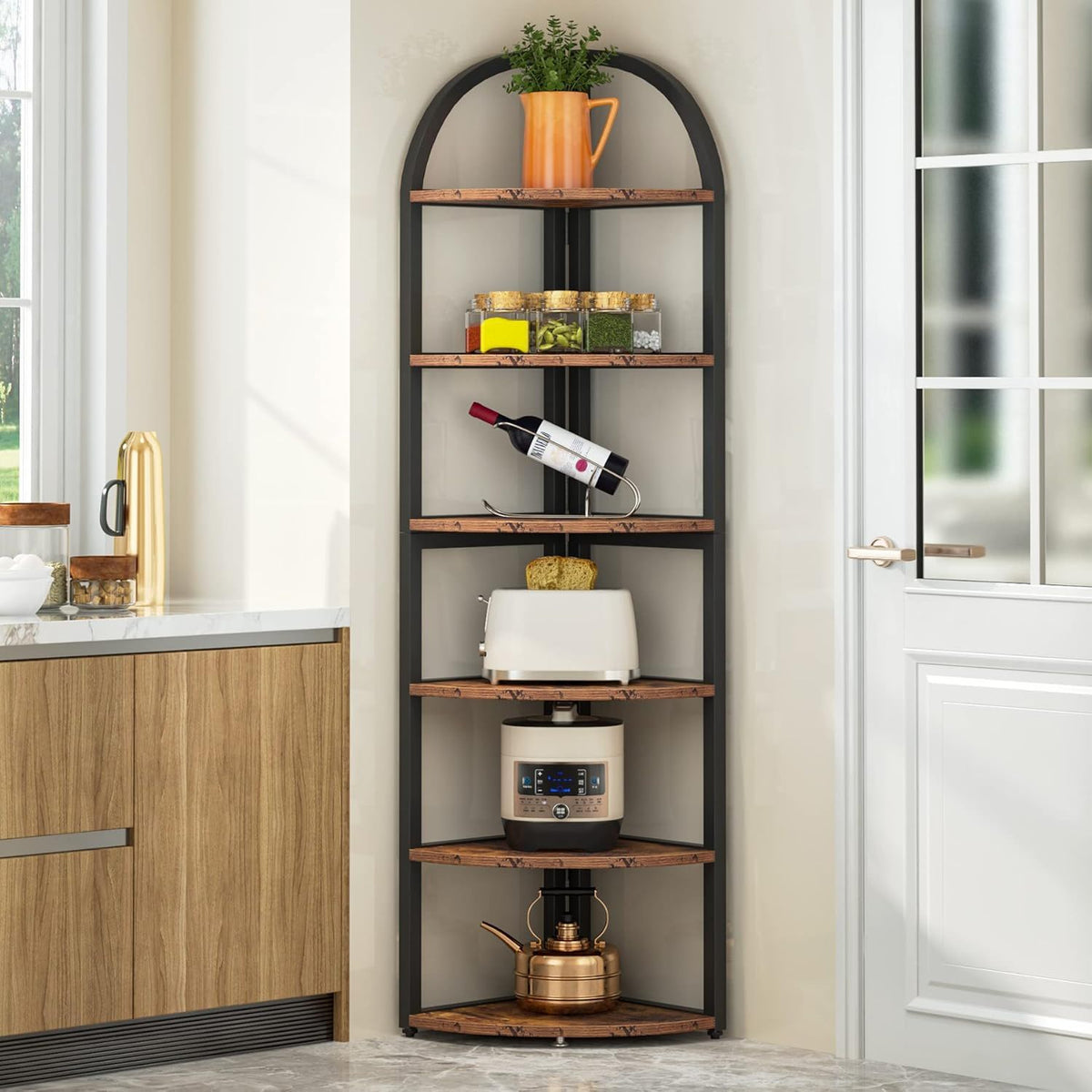 Tall 6 Tier Corner Shelf, Freestanding Bookshelf For Living Room - Rustic Brown