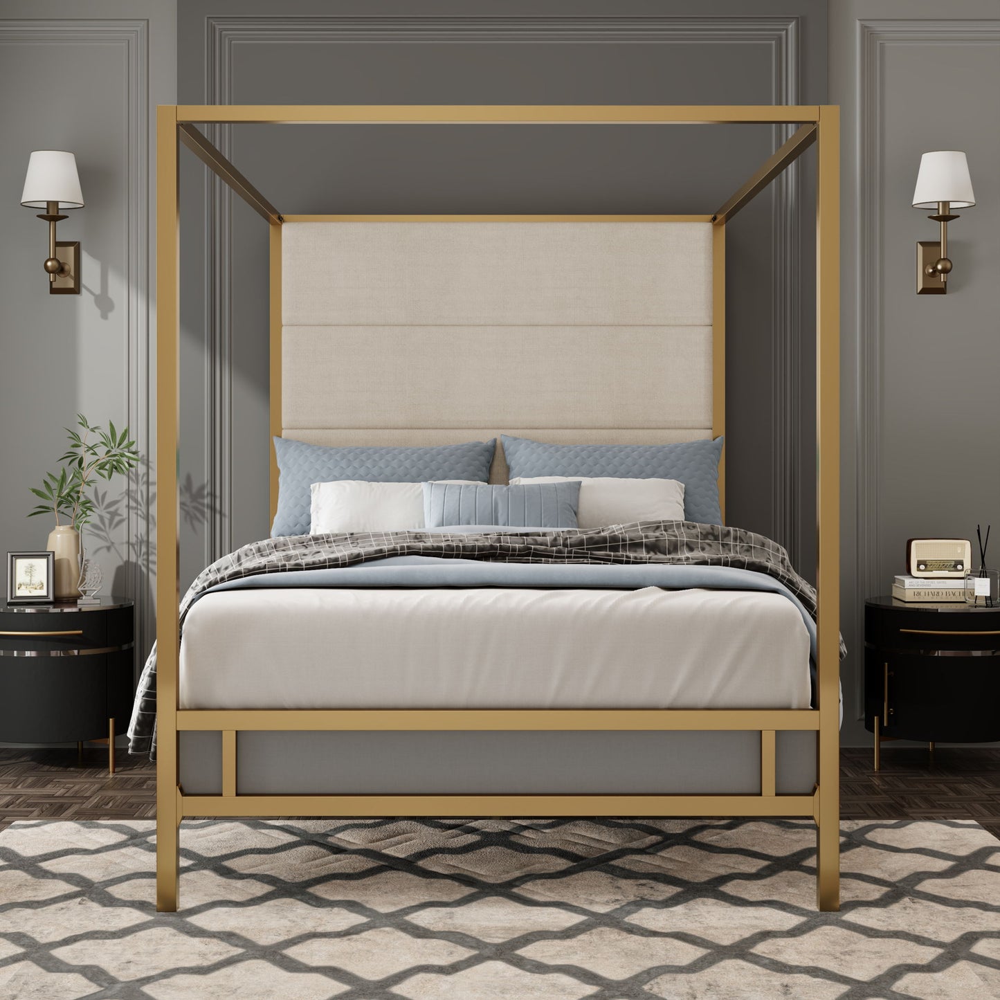 Canopy Bed With Tall Upholstered Headboard, 4 Poster Frame