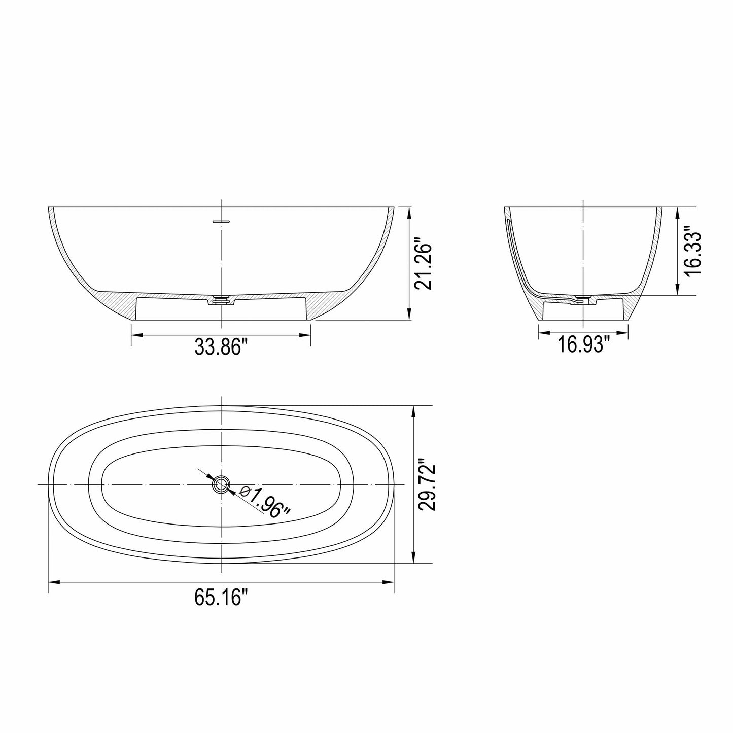 65.2" Freestanding Solid Surface Soaking Bathtub For Bathroom - Matte White