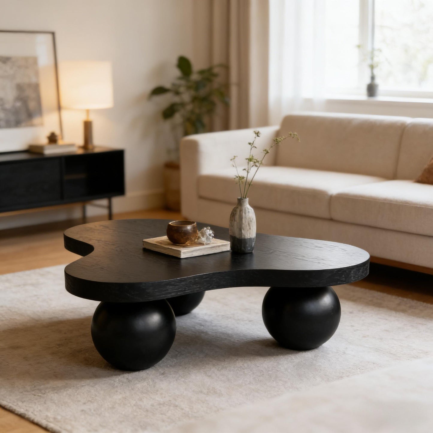 Cloud Shaped Coffee Table & 3 Ball Legs For Living Room - Black
