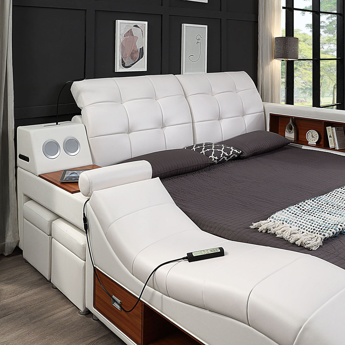 Multifunctional Upholstered Storage Bed Frame, Massage Chaise Lounge On Left