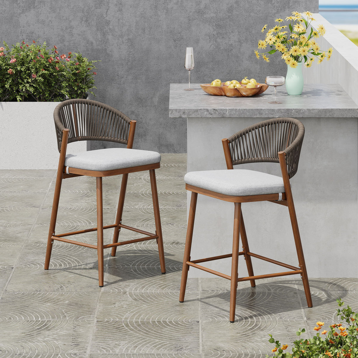 Outdoor 26" Counter Height Metal Frame Counter Stools With Scallop Shaped Backrest & Water Resistant Cushions