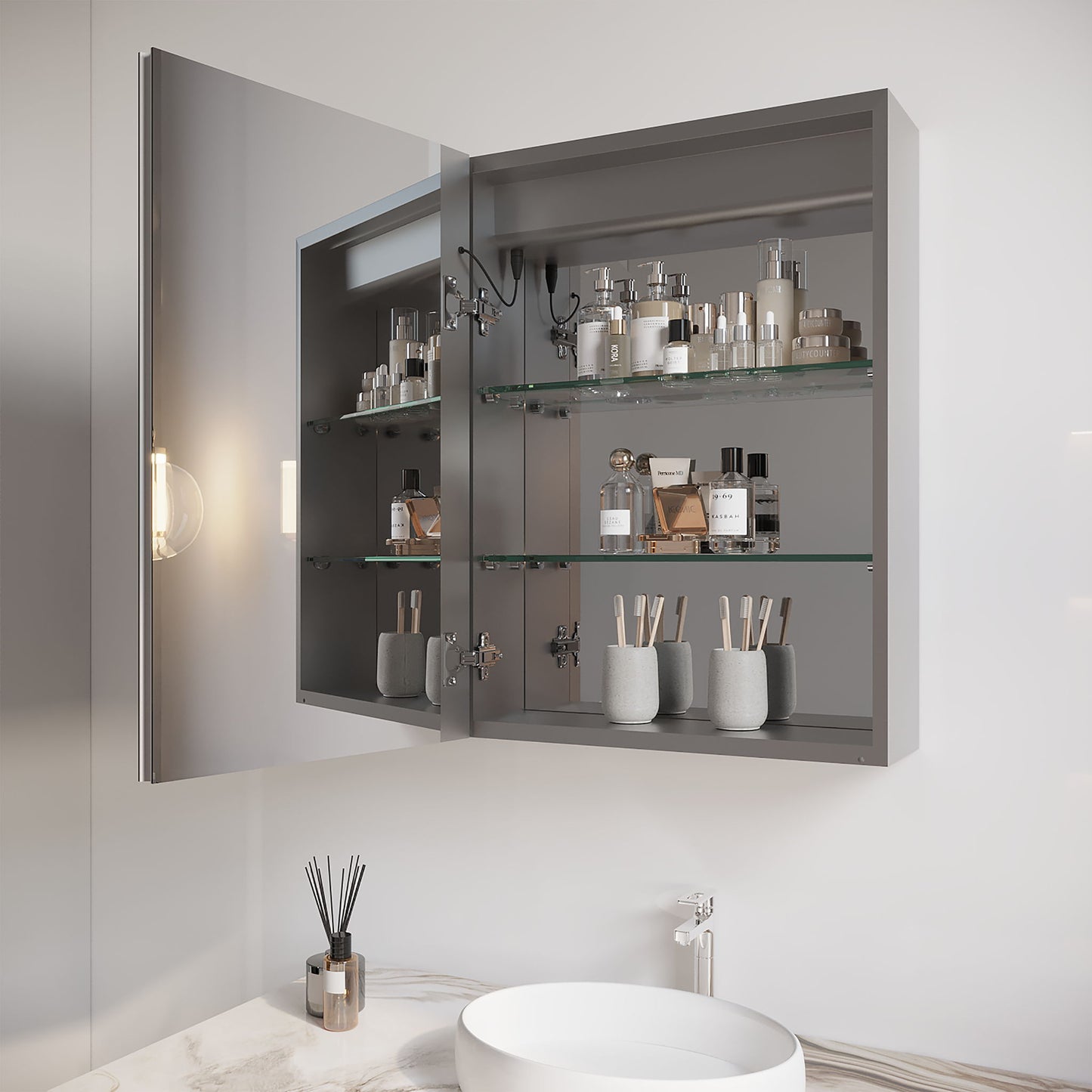 Bathroom Medicine Cabinet With LED Mirror, Anti-Fog, Waterproof, 3000K~6000K Single Door Lighted Bathroom Cabinet With Touch Swich